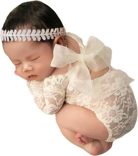 Traje de fotografía para bebé, traje de encaje para recién nacido, sesión de fotos, diadema de flores, disfraz de princesa Blanco (White E)