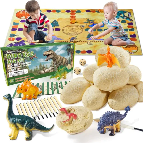 Huevos fósiles de dinosaurio Juguetes de dinosaurio - 12 huevos de dinosaurio Kit de excavación con alfombrilla de juego para niños de 5 a 7 años