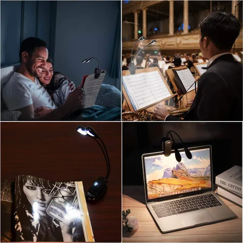 Miniatura 6 de Luz de soporte de música, paquete de 1/2/4/10 luces LED de libro, funciona con batería USB y AAA, lámpara de lectura en la cama, 4 niveles de Negro
