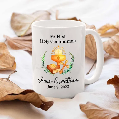 Miniatura 4 de Tazas personalizadas de la Santa Comunión de 11 onzas y 15 onzas, taza de café blanca con texto en inglés "My First Holy Communion", regalos