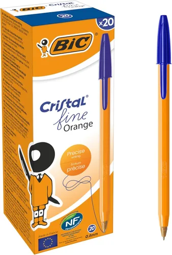 Bic Orange Original - Bolígrafos finos de escritura con tinta de larga duración, punta fina (0.031 in), color azul, paquete de 20