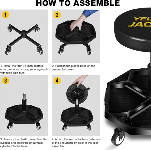 Miniatura 7 de YELLOW JACKET - Asiento rodante de garaje ajustable con neumáticos tipo taburete para taller, con 300 libras de capacidad, silla mecánica con ruedas