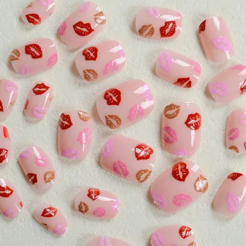 Miniatura 4 de Uñas postizas a presión para San Valentín, uñas postizas cortas cuadradas MABKJLF nude con diseños de labios, cobertura completa, pegamento