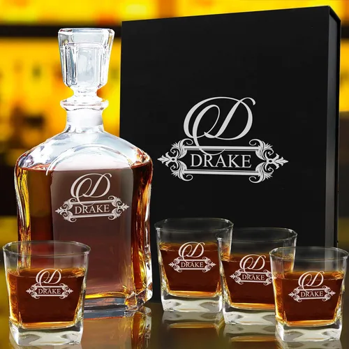 Miniatura 6 de My Personal Memories, Juego de decantador de whisky personalizado de 5 piezas, decantador y juego de regalo de 4 vasos, grabado personalizado