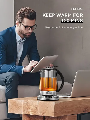 Miniatura 7 de Hervidor de té eléctrico, hervidor de vidrio con 9 ajustes preestablecidos de control de temperatura, tetera de 1200 W con infusor extraíble, 2