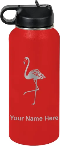 Miniatura 30 de LaserGram Botella de agua personalizada, flamenco, acero inoxidable de doble pared aislada al vacío con popote superior, regalo grabado