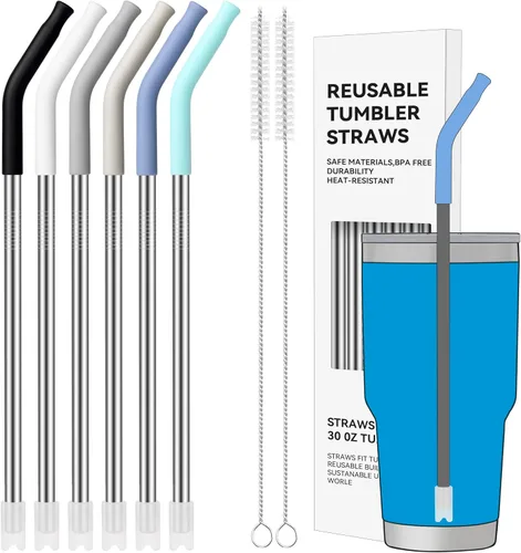 Miniatura 16 de Pajitas de Metal Rectas de 40 oz para Vaso Stanley de 40 oz, 6 Piezas Pajitas de Metal Reutilizables de Acero Inoxidable para Beber con Puntas de 2