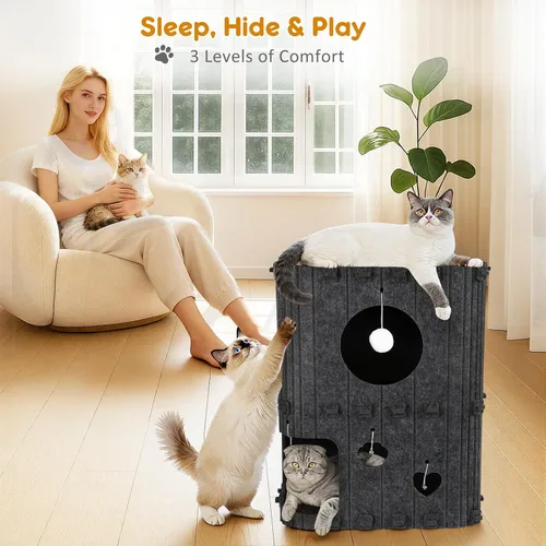 Miniatura 3 de Casa para gatos de interior – Cueva cerrada de 2 pisos para gatos múltiples y grandes, cubierta de fieltro para mascotas, túnel de condominio, cubo