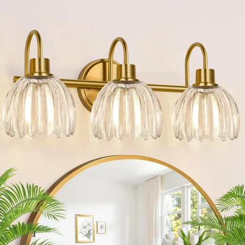 Miniatura 20 de Juego de 2 lámparas de tocador de baño en oro cepillado, lámpara de pared de cabeza única con pantalla de vidrio verde acanalado