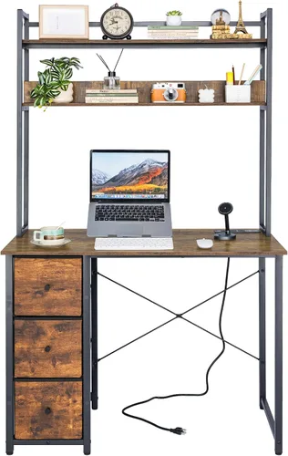 Miniatura 9 de Aquzee Escritorio para computadora con cajones, escritorio de 40 pulgadas con gabinete, escritorio para computadora con almacenamiento, tomas