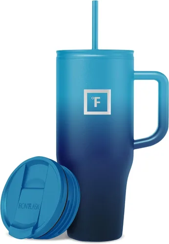 Miniatura 40 de IRON °FLASK Co-Pilot - Vaso aislante de 40 onzas con pajita y tapas abatibles - Botella con portavasos para bebidas frías o calientes - A prueba