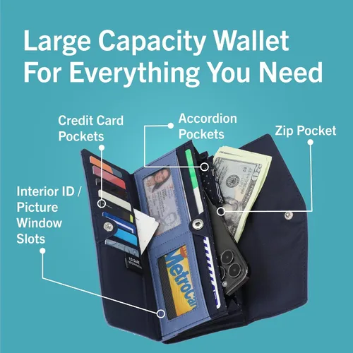 Miniatura 3 de Nautica Money Manager RFID - Cartera delgada y pequeña para mujer - Porta tarjetas de crédito con monedero y cartera con cremallera, organizador
