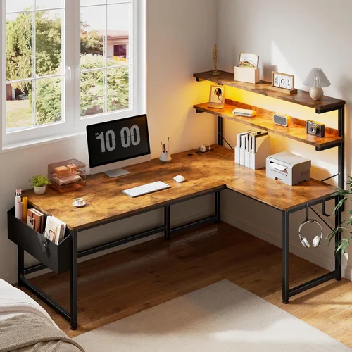 Miniatura 14 de DurayLoly Escritorio en forma de L para juegos con luz LED y toma de corriente, escritorio reversible en forma de L para computadora de 43.3