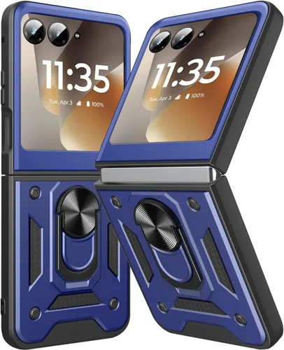 Miniatura 14 de Funda para Motorola Razr 2023 con cubierta de cámara y soporte, protección de lente deslizante + soporte de anillo giratorio de 360°, resistente a