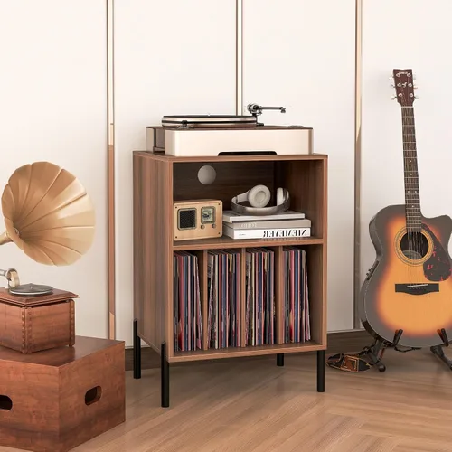 Miniatura 3 de Tangkula Soporte para tocadiscos, mesa auxiliar giratoria con estación de carga y armario de almacenamiento de discos de vinilo con capacidad