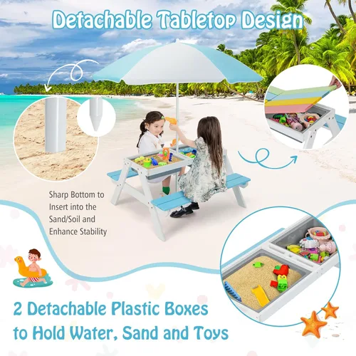 Miniatura 6 de HONEY JOY Mesa de picnic para niños, mesa de madera de cedro 4 en 1 para arena y agua con 2 cajas extraíbles y paraguas, mesas de picnic para niños