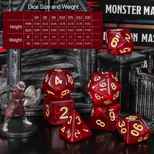 Miniatura 9 de QMay Juego de dados DND 10x7 (70 piezas) Dados poliédricos para mazmorras y dragones D&D RPG MTG Juegos de rol con 1 bolsa con cordón