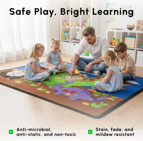 Miniatura 5 de SAFECASTLE Dino Land - Alfombra educativa para niños, 4 pies 4 pulgadas x 5 pies 6 pulgadas, alfombra de área de dinosaurio con alfabeto y números