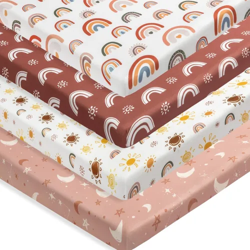 Jola's House Paquete de 4 Sábanas para Corral – Sábanas de Minicuna Sábanas Bohemias para Guardería, Diseño de Sol y Arcoíris – Sábanas Ajustables
