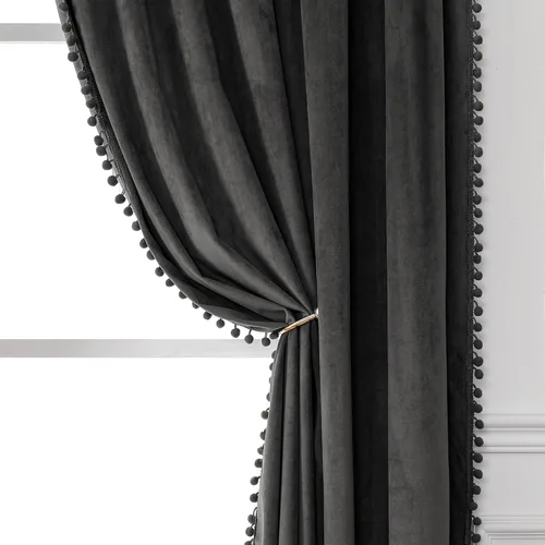 Victree - Cortinas de terciopelo con pompón para dormitorio, cortinas opacas de 52 x 120 pulgadas de largo - Cortinas con bolsillo para barra que