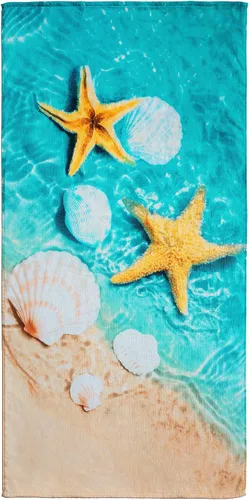 Miniatura 2 de Softerry Starfish & Seashells - Toalla de playa (30 x 60 pulgadas), 100% algodón, color azul y arena