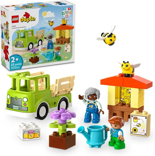 LEGO DUPLO Town Cuidando de las Abejas y Colmenas, juguete de aprendizaje para niños preescolares, 2 figuras y un camión conducido, juguete STEM,