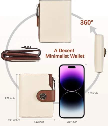 Miniatura 6 de BOSTANTEN - Billetera de cuero para mujer, pequeña, con bloqueo RFID, de dos pliegues, bolsillo con cremallera, tarjetero con ventana para 1-beige