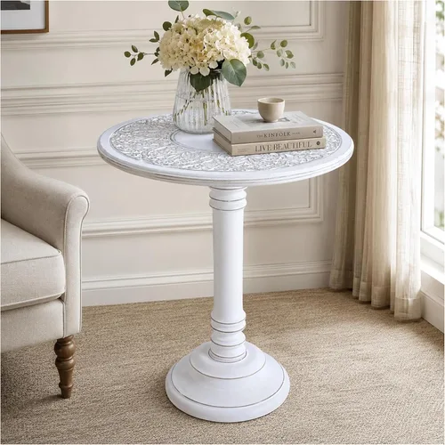 Miniatura 10 de Mesa auxiliar en madera de mango - Mesa auxiliar de madera maciza artesanal, mesa de acento tallada para decoración de sala de estar, dormitorio