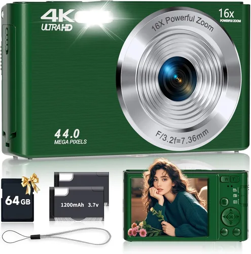 Miniatura 13 de Cámara digital, cámara digital FHD 4K 44MP con enfoque automático con tarjeta SD de 64GB, zoom digital 16X, cámaras doradas para fotografía, cámara
