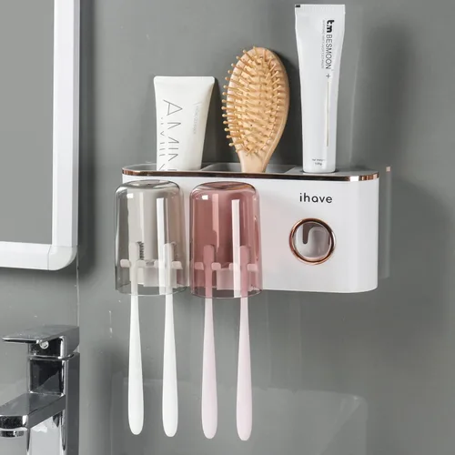 Miniatura 9 de iHave Portacepillos de dientes, accesorios de baño con dispensador de pasta de dientes, 3 tazas, soporte para cepillos de dientes, decoración