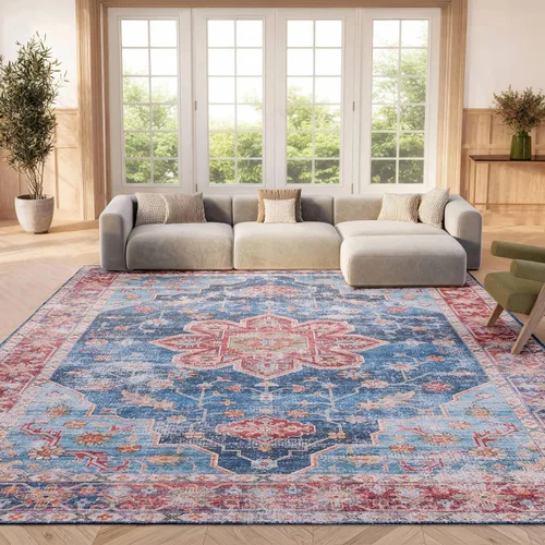 Miniatura 9 de SAFAVIEH Alfombra lavable Tucson Collection - 2 pies 6 pulgadas x 4 pies, azul y resistente al óxido, antideslizante, ideal para zonas de alto