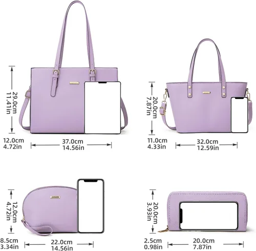 Miniatura 16 de Juego de 4 bolsas modernos para mujer de cuero sintético: bolso tote, bolso de hombro, bolso de mano y cartera.