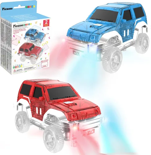 Miniatura 12 de PicassoTiles Juego de 121 azulejos magnéticos de pista de carreras de mármol 3 en 1, juego de construcción de carreras de automóviles, aprendizaje