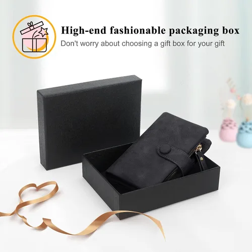 Miniatura 7 de Billeteras con bloqueo RFID para mujer, de gran capacidad, de cuero suave, cartera pequeña con correa para la muñeca, Negro -, Casual