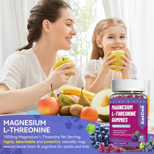 Miniatura 6 de Gomitas de treonina de magnesio de 1000 mg, gomitas de L-treonina para adultos, grandes suplementos de magnesio para el cerebro, sin OMG, sin