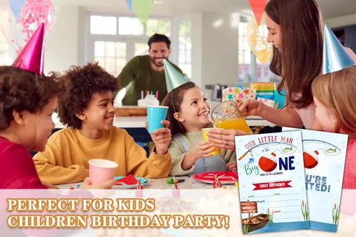 Miniatura 4 de Invitaciones de primer cumpleaños de pesca con sobres, 20 piezas de invitaciones para fiesta de cumpleaños de niños con texto en inglés «Our Little