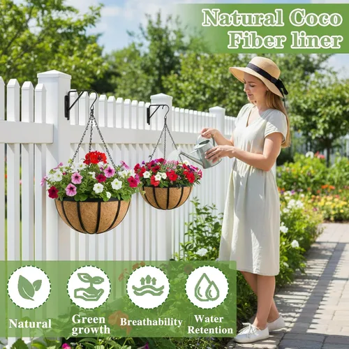 Miniatura 2 de Maceta colgante de metal de hierro plano negro con forro de fibra de coco (paquete de 2, 12 pulgadas), macetas colgantes para plantas al aire libre