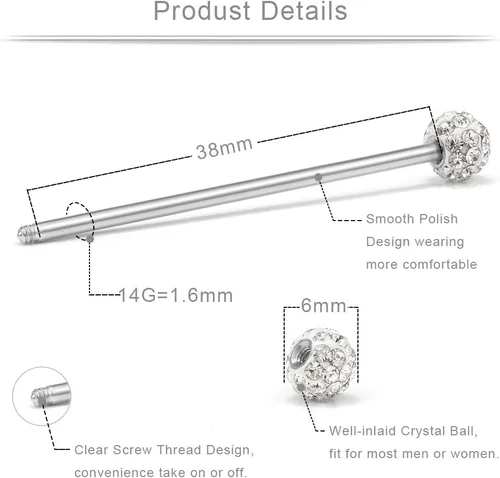 Miniatura 3 de Ruifan Piercings de 14 g de acero inoxidable Industrial Barbell para cartílago de la oreja joyería1 1/2 pulgadas (38 mm)