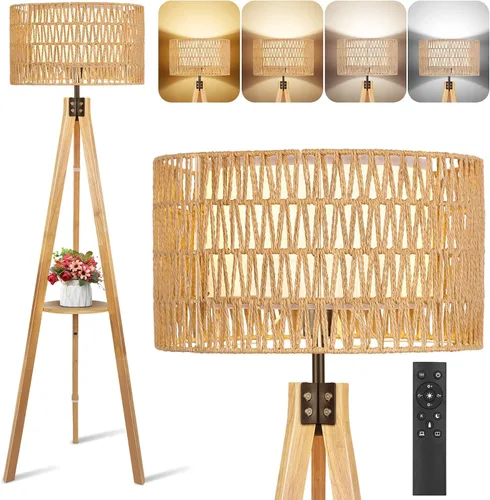 Miniatura 26 de OUTON - Lámpara de pie de trípode de madera con estantes, lámpara de pie de mediados de siglo con control remoto, 4 temperaturas de color, lámpara