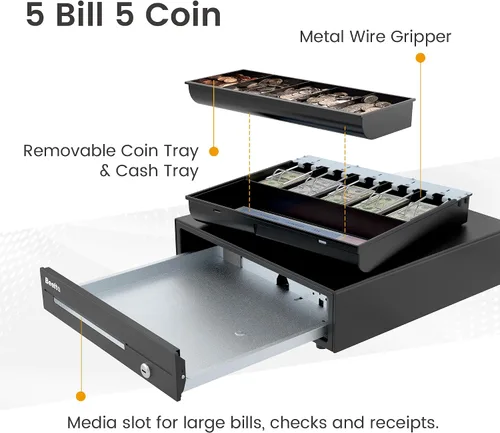 Miniatura 3 de Cajón de efectivo resistente de 16 pulgadas para sistema POS - Bandeja totalmente extraíble, 5 billetes/5 monedas con micro interruptor e