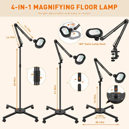 Miniatura 6 de 2,200 lúmenes, lupa grande 30X/12X con luz, lámpara de pie con cabezal giratorio de 3 ejes, lámpara MAG para esteticistas pestañas de uñas