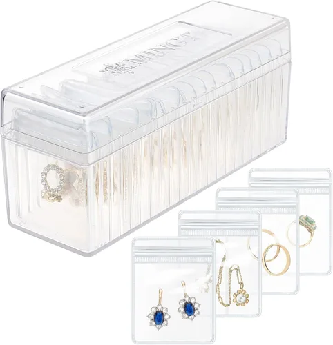 Organizador de joyas de acrílico, soporte organizador de joyas transparente con 20 bolsas de joyería portátiles antideslustre, estuche de joyería de