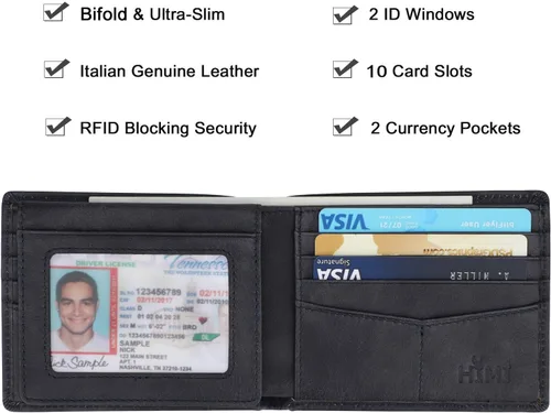 Miniatura 10 de HIMI - Cartera elegante de cuero auténtico para hombre, con bloqueo de interferencia de radiofrecuencia (RFID), con 2 ventanas para identificación