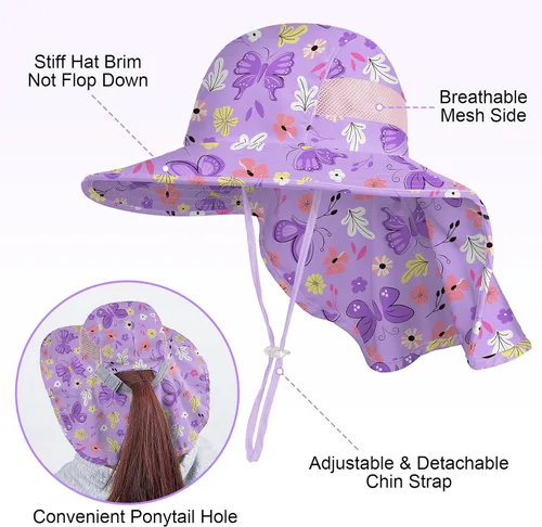 Miniatura 132 de Sombrero de sol para niños, protección UV, unicornio, verano, playa, jugar con ala ancha, solapa para el cuello para niñas y niños
