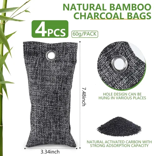 Miniatura 2 de Paquete de 4 absorbentes de olores de carbón activado, bolsas purificadoras de aire de carbón de bambú, eliminador de olores, ambientador