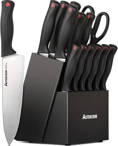 Astercook Juego de cuchillos de cocina de 15 piezas con afilador integrado, juego de bloques de cuchillos de chef de acero inoxidable alemán de alto
