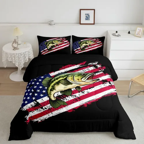 Miniatura 16 de Erosebridal Juego de ropa de cama de pesca tamaño individual, juego de edredón de peces coloridos para niños, adolescentes, hombres, pescadores