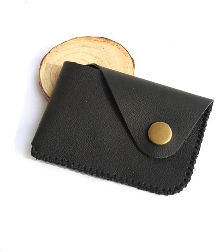 Miniatura 2 de Cartera organizadora de tarjetas de bolsillo frontal cosida a mano minimalista de cuero genuino para tarjetas, billetera con tarjetero pequeño, Negro