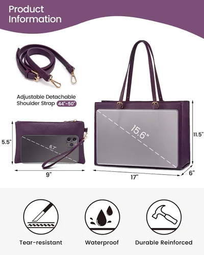 Miniatura 5 de LOVEVOOK Bolsa para laptop para mujer, bolsa de trabajo para laptop de 15.6 pulgadas, maletín grande de cuero impermeable para oficina, beige y negro