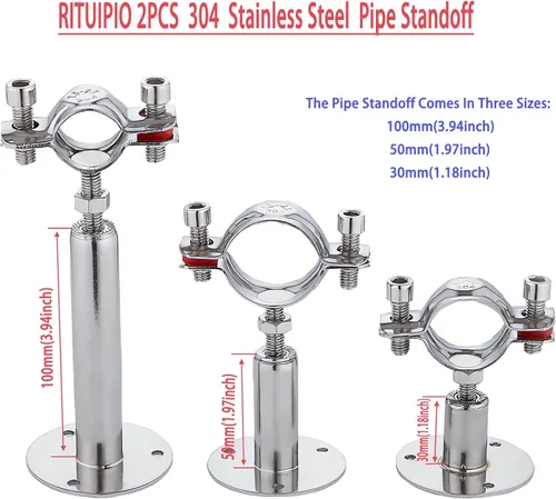 Miniatura 2 de 2 soportes de tubo de montaje en pared y techo, acero inoxidable 304, altura ajustable de 1.18 a 2.36 pulgadas, se adapta a tubos OD de 0.32 a 0.39